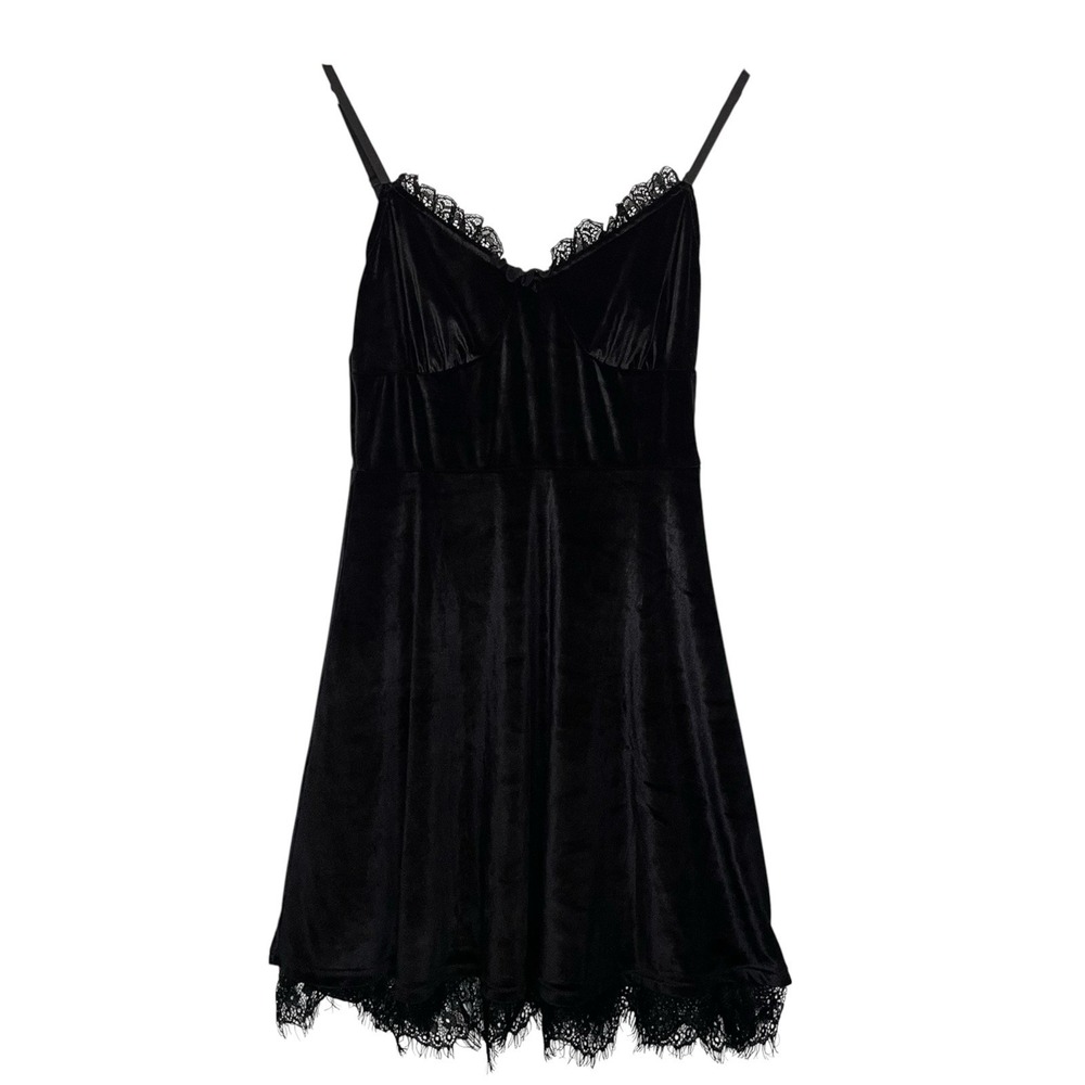 Womens Velvet Mini Dress Small Black Lace Trim Gothic Grunge Edgy Dark Romance